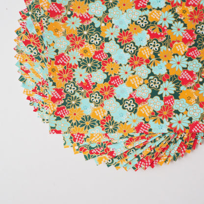 Pack of 20 Sheets 14x14cm Yuzen Washi Origami Paper HZ-309 - Flowery Chrysanthemums Green