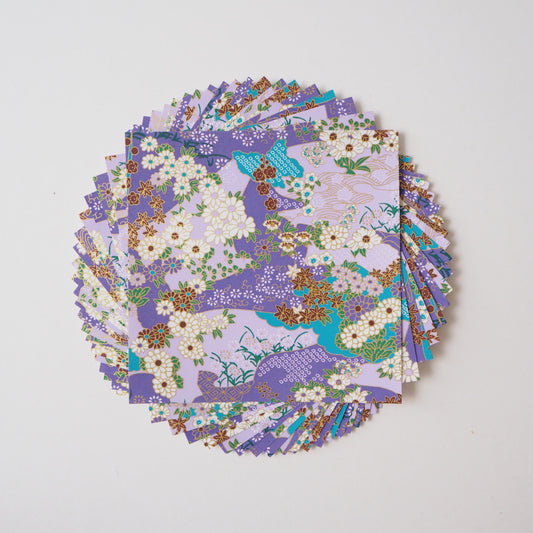 Pack of 20 Sheets 14x14cm Yuzen Washi Origami Paper HZ-310 - Evening Flower Water Garden