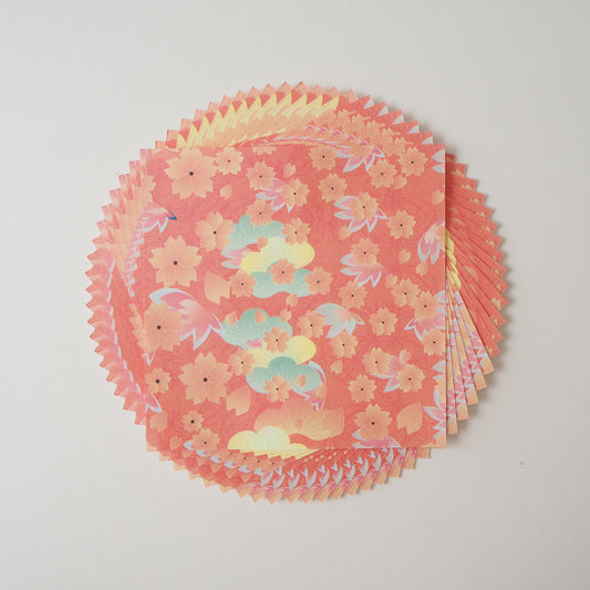 Pack of 20 Sheets 14x14cm Yuzen Washi Origami Paper HZ-246 - Cherry Blossom & Pine Tree Orange