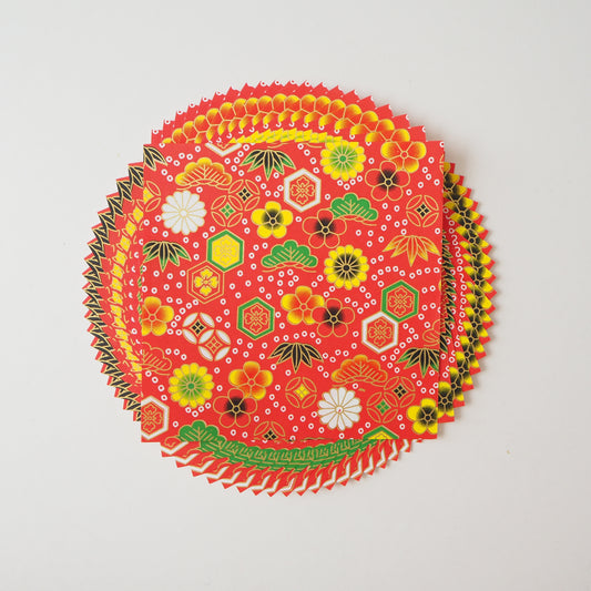 Paquet de 20 feuilles de papier origami Yuzen Washi 14x14 cm HZ-250 - Fleurs géométriques rouges