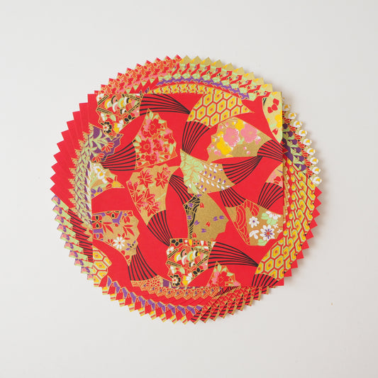 Paquet de 20 feuilles de papier origami Yuzen Washi 14x14cm HZ-253 - Éventails rouges