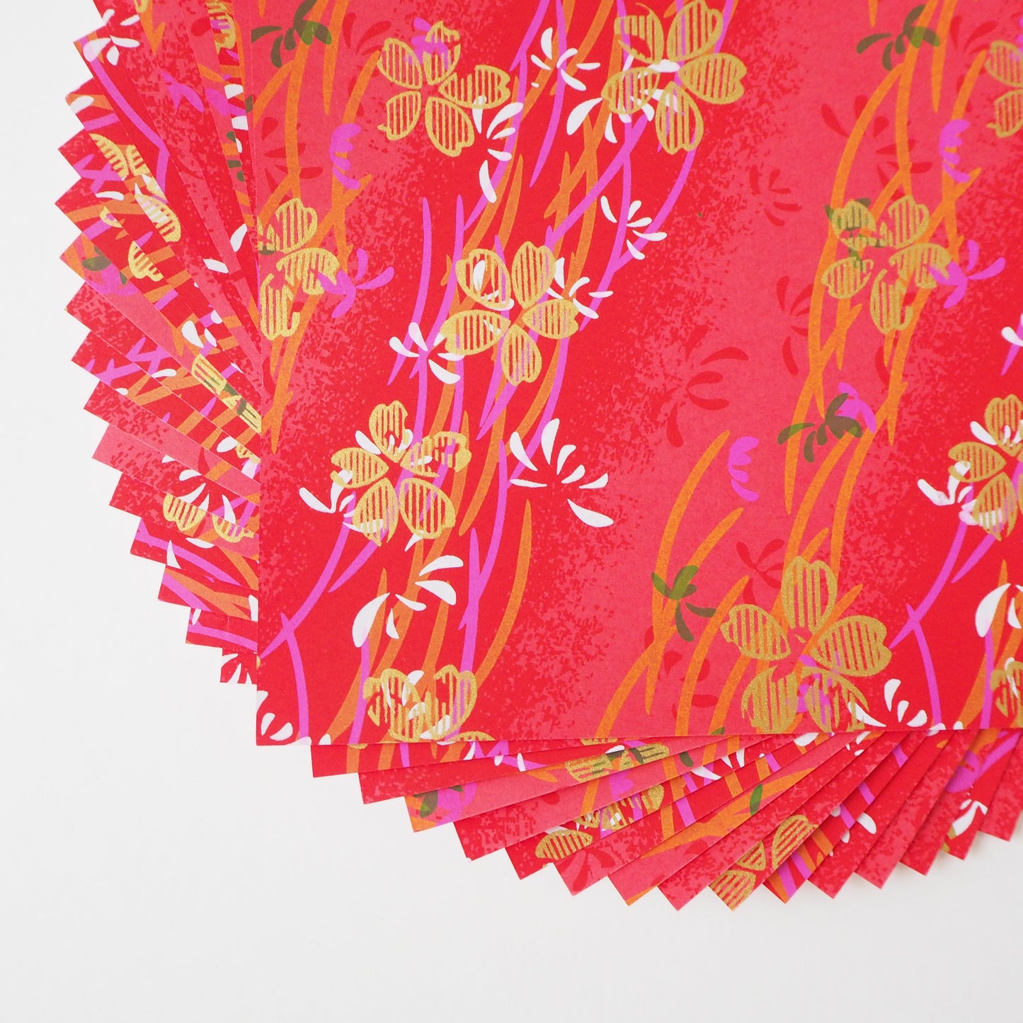 Pack of 20 Sheets 14x14cm Yuzen Washi Origami Paper HZ-083 - Gold Cherry Blossom Red