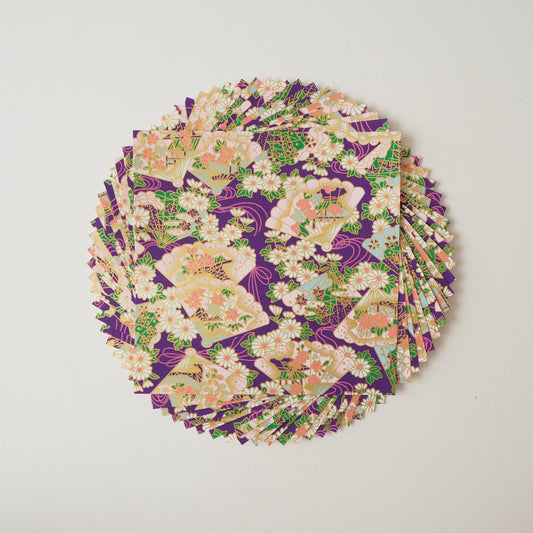 Pack of 20 Sheets 14x14cm Yuzen Washi Origami Paper HZ-094- Floral Fans & Chrysanthemum Purple