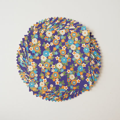 Pack of 20 Sheets 14x14cm Yuzen Washi Origami Paper HZ-117 -  Chrysanthemum & Bellflowers Purple