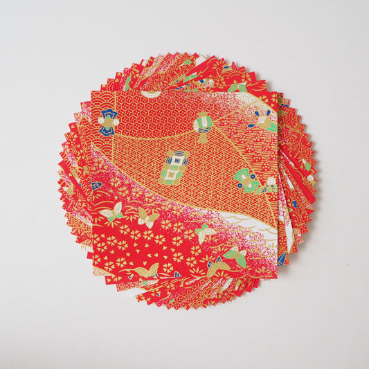 Pack of 20 Sheets 14x14cm Yuzen Washi Origami Paper HZ-127 - Butterflies & Mixed Geometric Red