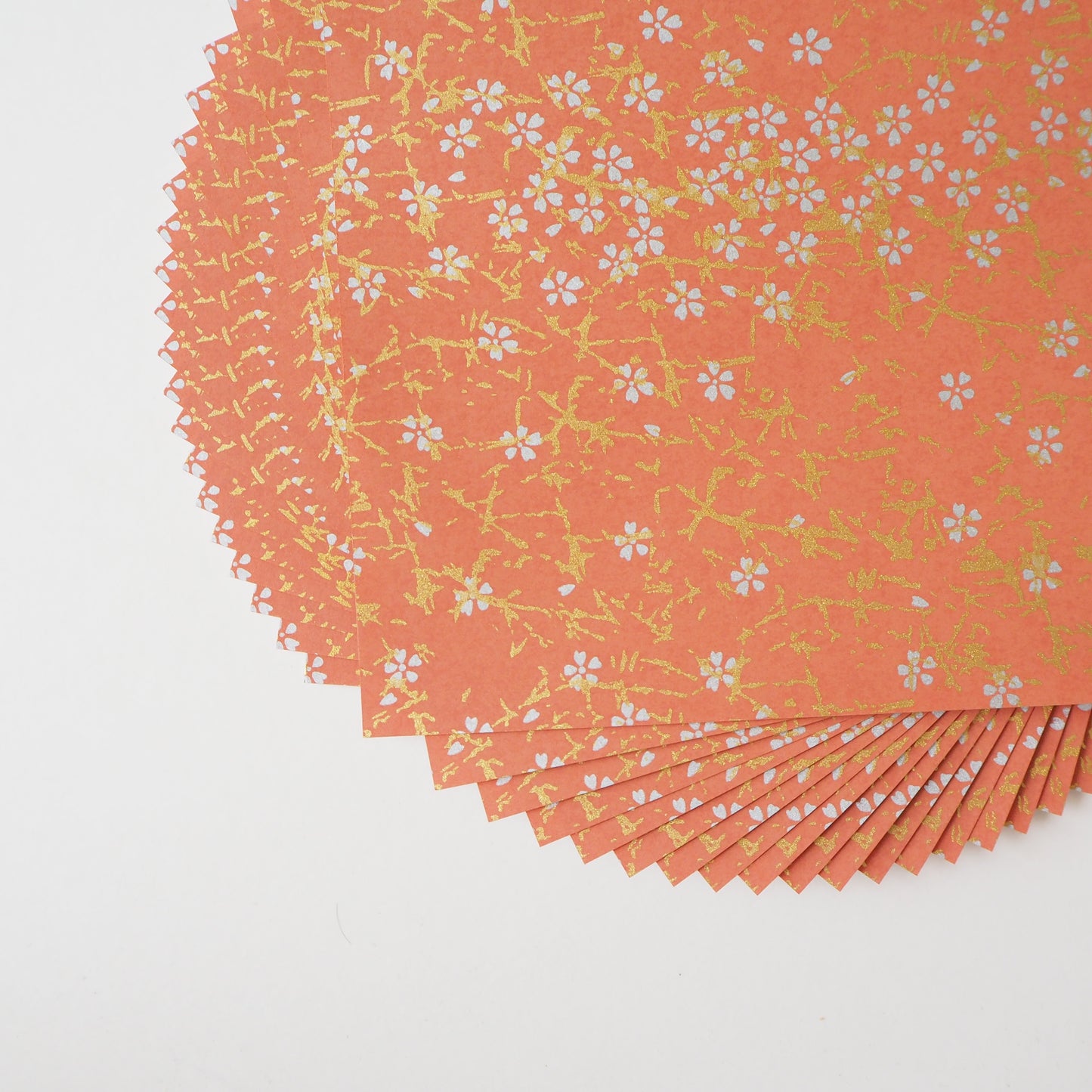 Pack of 20 Sheets 14x14cm Yuzen Washi Origami Paper HZ-184 - Small Silver Cherry Blossom Fire Orange