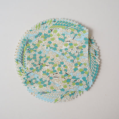 Pack of 20 Sheets 14x14cm Yuzen Washi Origami Paper HZ-001 - Aqua Cherry Blossom