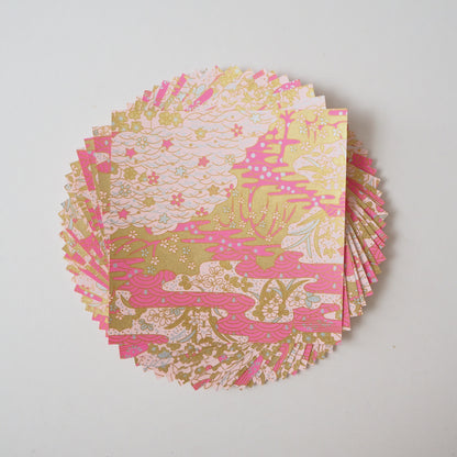 Paquete de 20 hojas de papel para origami Yuzen Washi de 14x14 cm HZ-002 - Jardín de olas marinas rosas