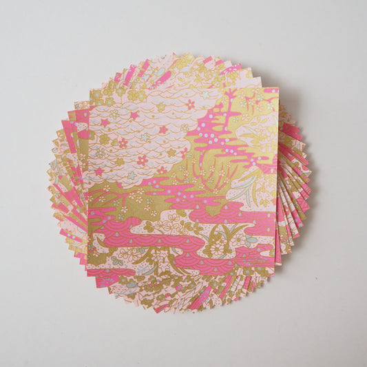 Paquete de 20 hojas de papel para origami Yuzen Washi de 14x14 cm HZ-002 - Jardín de olas marinas rosas