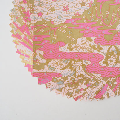 Paquete de 20 hojas de papel para origami Yuzen Washi de 14x14 cm HZ-002 - Jardín de olas marinas rosas