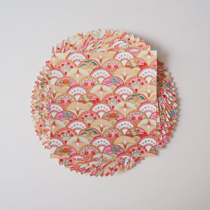 Paquete de 20 hojas de papel para origami Yuzen Washi de 14x14 cm HZ-032 - Magníficos abanicos florales y círculo de grullas