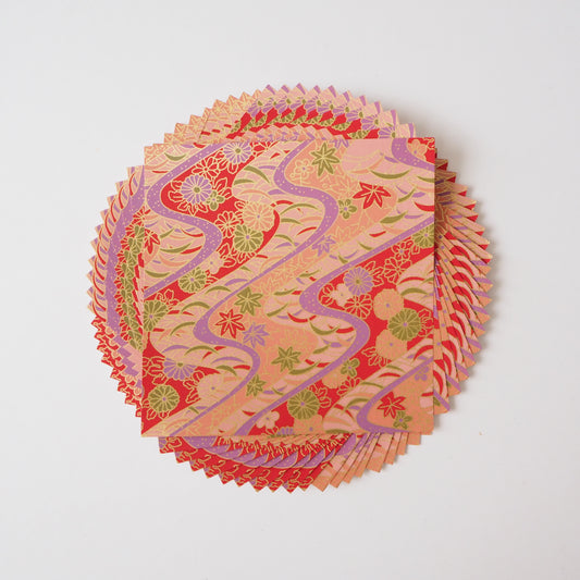 Paquet de 20 feuilles 14x14 cm Papier Origami Yuzen Washi HZ-037 - Chrysanthème &amp; Feuilles d'érable Rouge