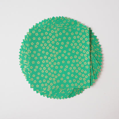 Pack of 20 Sheets 14x14cm Yuzen Washi Origami Paper HZ-057 - Gold Small Plum Flowers Green