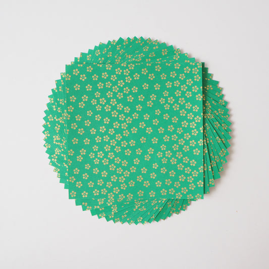 Pack of 20 Sheets 14x14cm Yuzen Washi Origami Paper HZ-057 - Gold Small Plum Flowers Green
