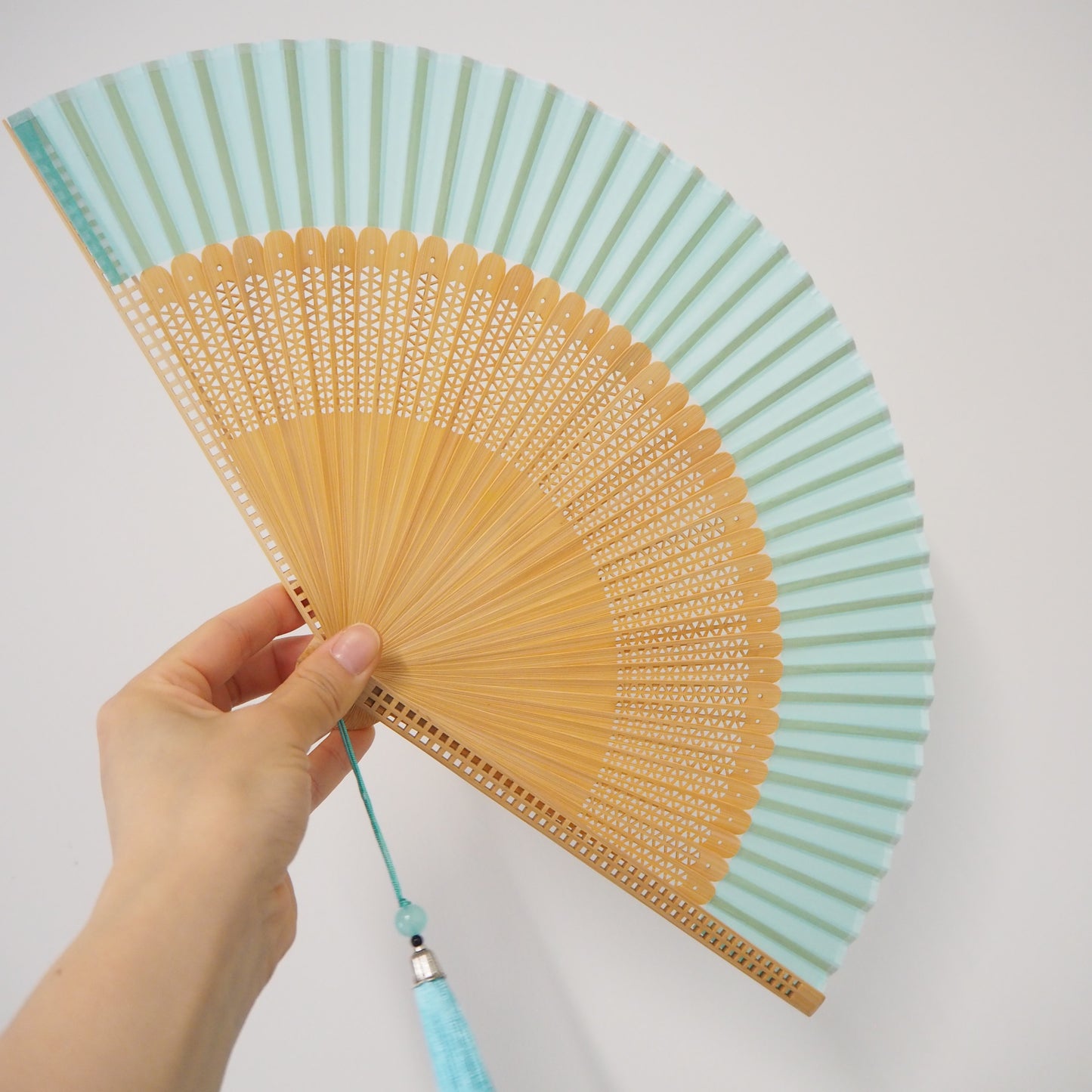 New Hand Held Folding Fan - Beautiful Mint Natural Bamboo Fan