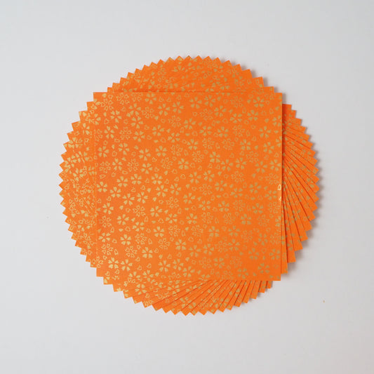 Pack of 20 Sheets 14x14cm Yuzen Washi Origami Paper HZ-018 - Gold Cherry Blossom Orange