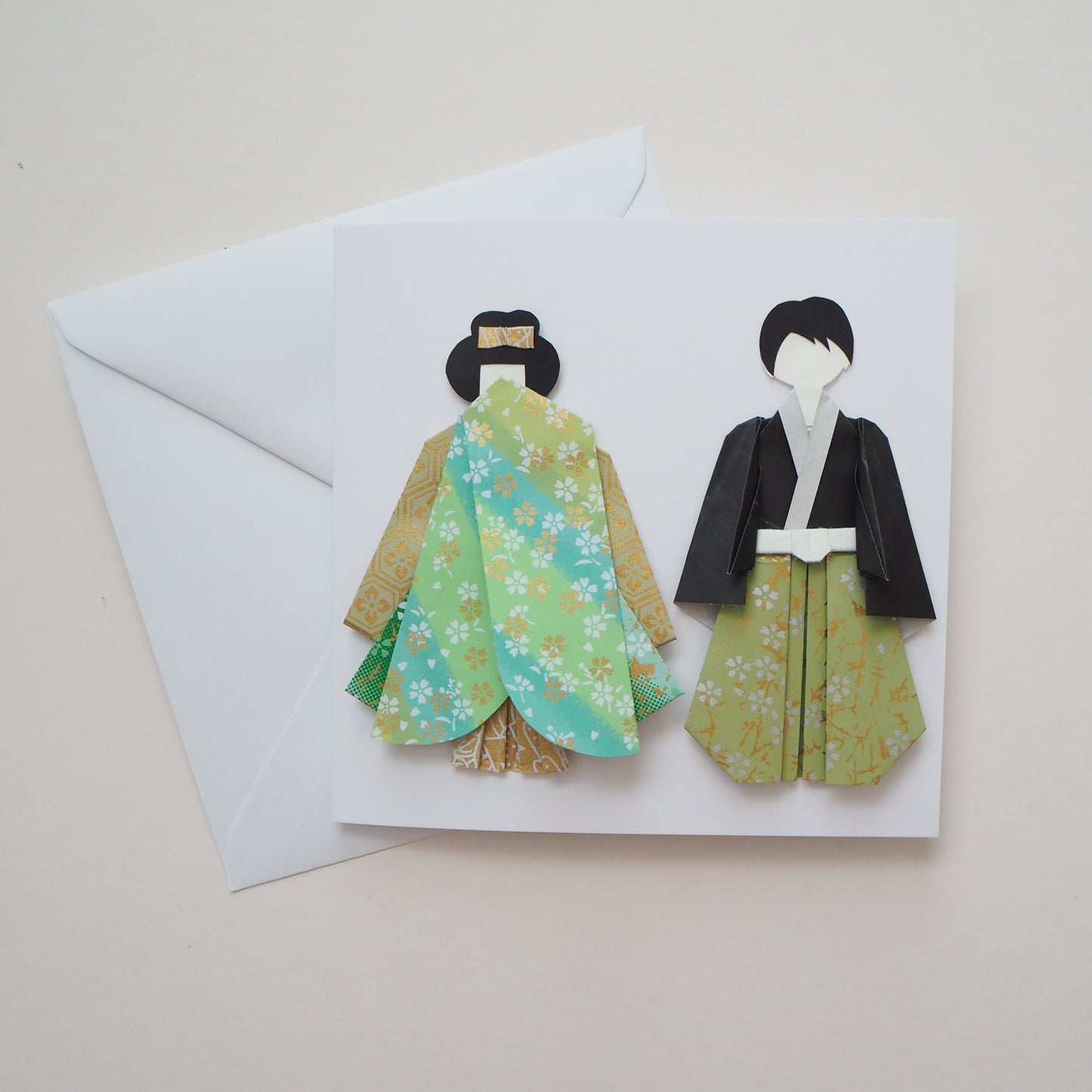 Customisable Handmade Origami Wedding Card - Green and Gold