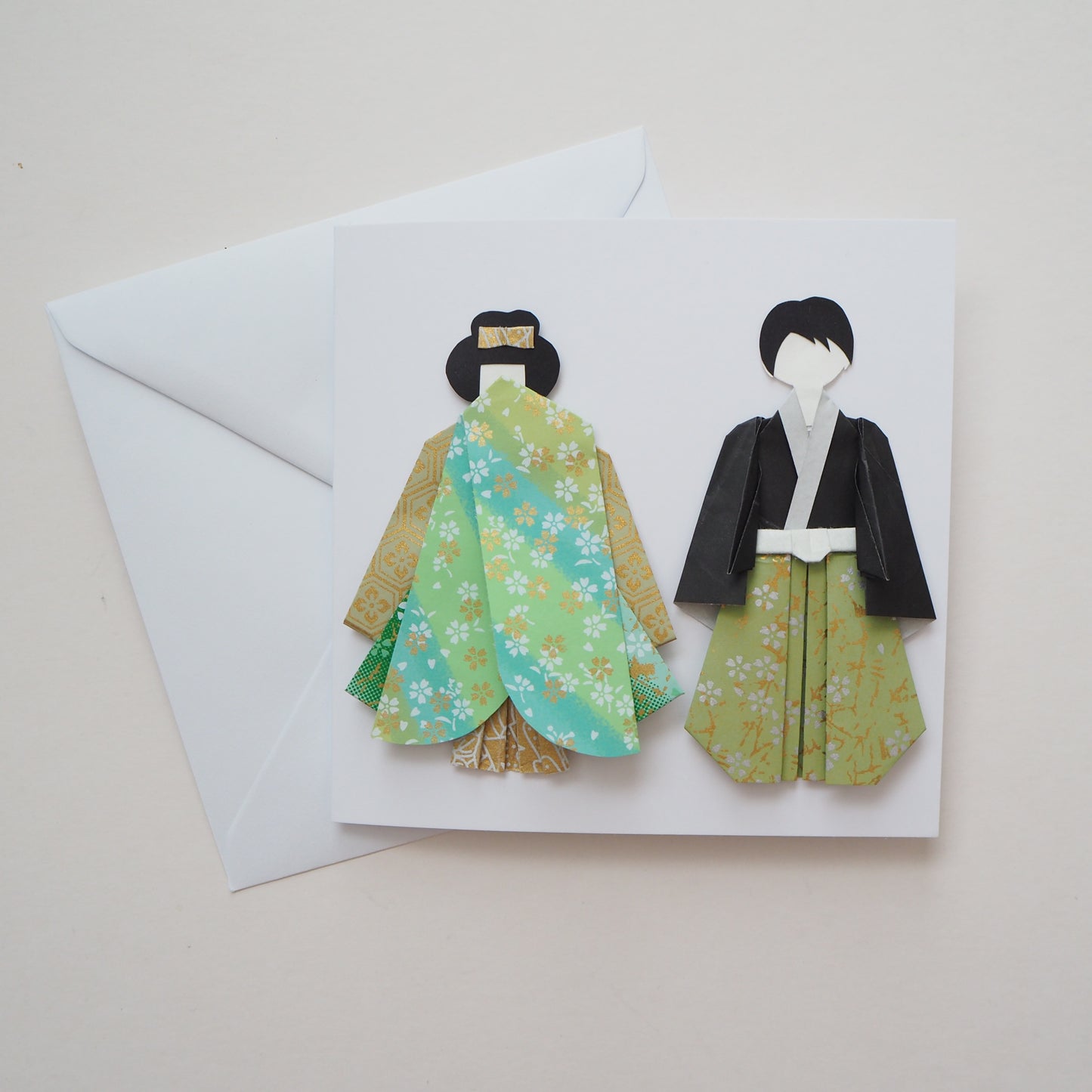 Customisable Handmade Origami Kimono Wedding Card - Green and Gold