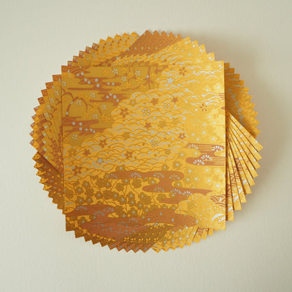 Paquet de 20 feuilles de papier origami Yuzen Washi 14x14cm HZ-041 - Jardin de vagues de mer dorées