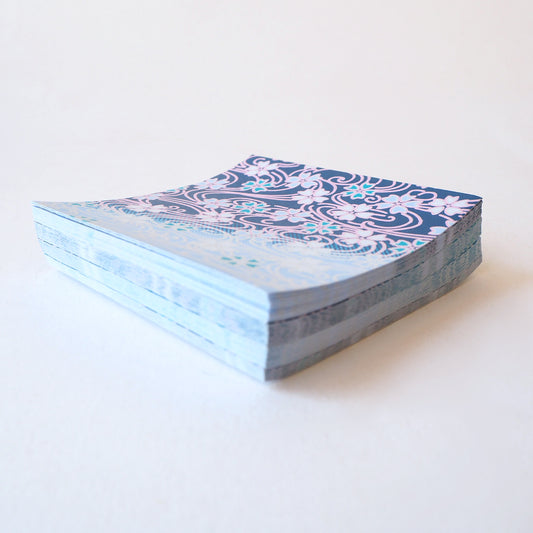 Pack of 100 Sheets 7x7cm Yuzen Washi Origami Paper HZ-005 - Cherry Blossom Flowing Blue Water - washi paper - Lavender Home London