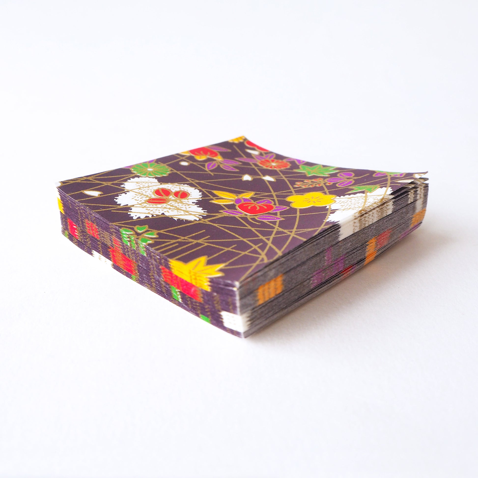 Pack of 100 Sheets 7x7cm Yuzen Washi Origami Paper HZ-009 - Plum Flowers & Maple Leaves Purple - washi paper - Lavender Home London
