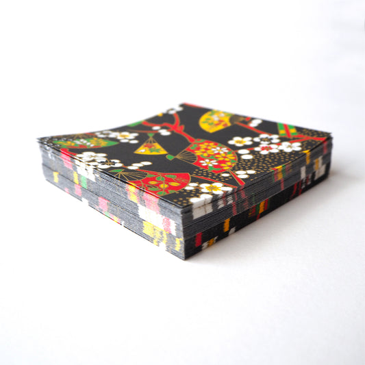 Pack of 100 Sheets 7x7cm Yuzen Washi Origami Paper HZ-013 - Floral Fans & Plum Flowers Black - washi paper - Lavender Home London