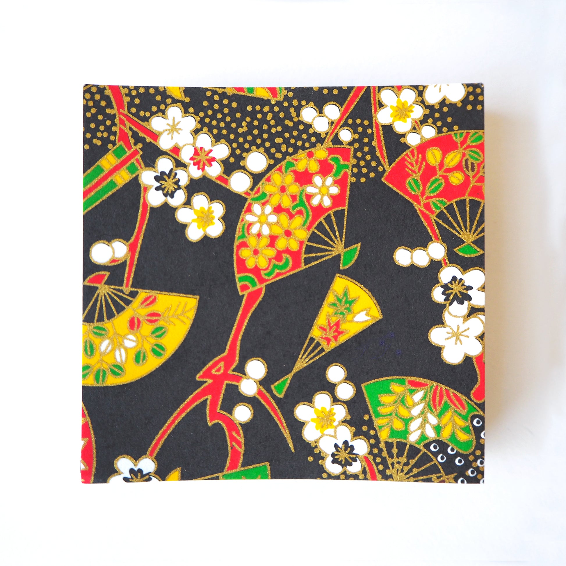 Pack of 100 Sheets 7x7cm Yuzen Washi Origami Paper HZ-013 - Floral Fans & Plum Flowers Black - washi paper - Lavender Home London
