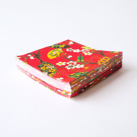 Pack of 100 Sheets 7x7cm Yuzen Washi Origami Paper HZ-014 - Floral Fans & Plum Flowers Red - washi paper - Lavender Home London