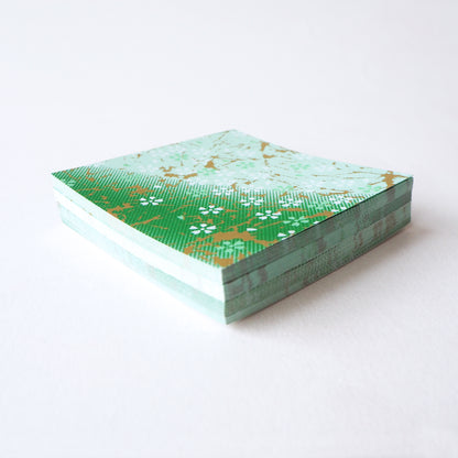 Pack of 100 Sheets 7x7cm Yuzen Washi Origami Paper HZ-052 - Small Cherry Blossom Green Gradation - washi paper - Lavender Home London
