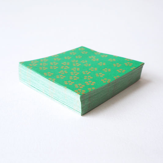 Pack of 100 Sheets 7x7cm Yuzen Washi Origami Paper  HZ-057 - Gold Small Plum Flowers Green - washi paper - Lavender Home London