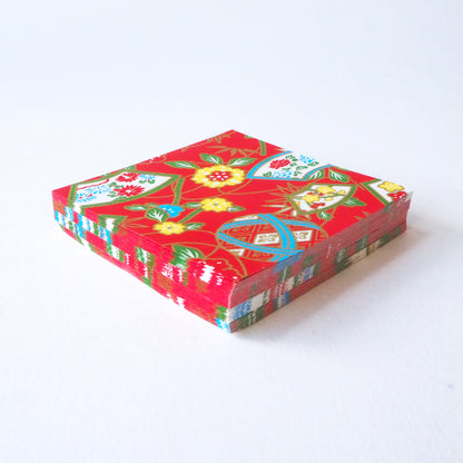 Pack of 100 Sheets 7x7cm Yuzen Washi Origami Paper  HZ-082 - Temari Thread Balls & Floral Jigami Paper Red - washi paper - Lavender Home London