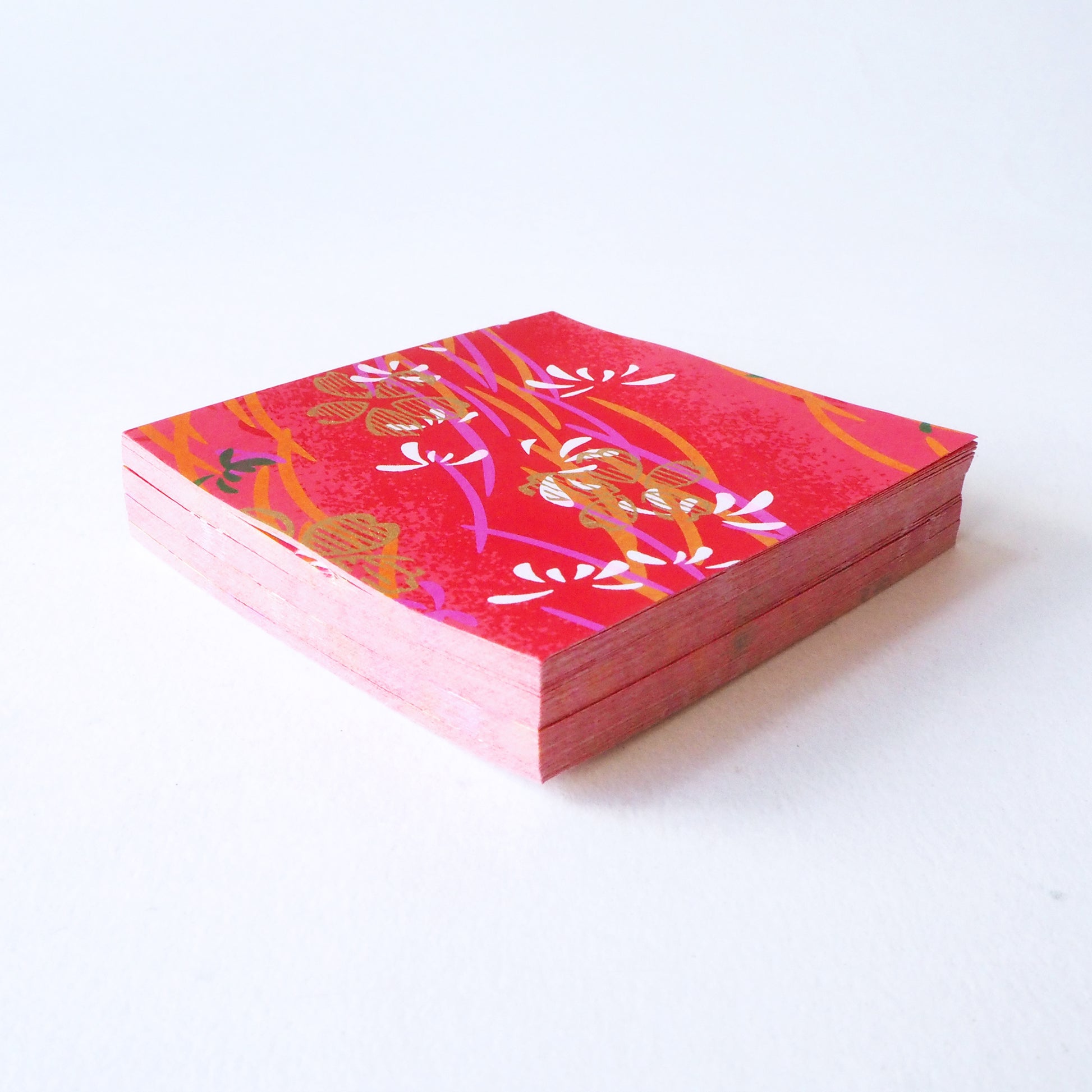 Pack of 100 Sheets 7x7cm Yuzen Washi Origami Paper HZ-083 - Gold Cherry Blossom Red - washi paper - Lavender Home London