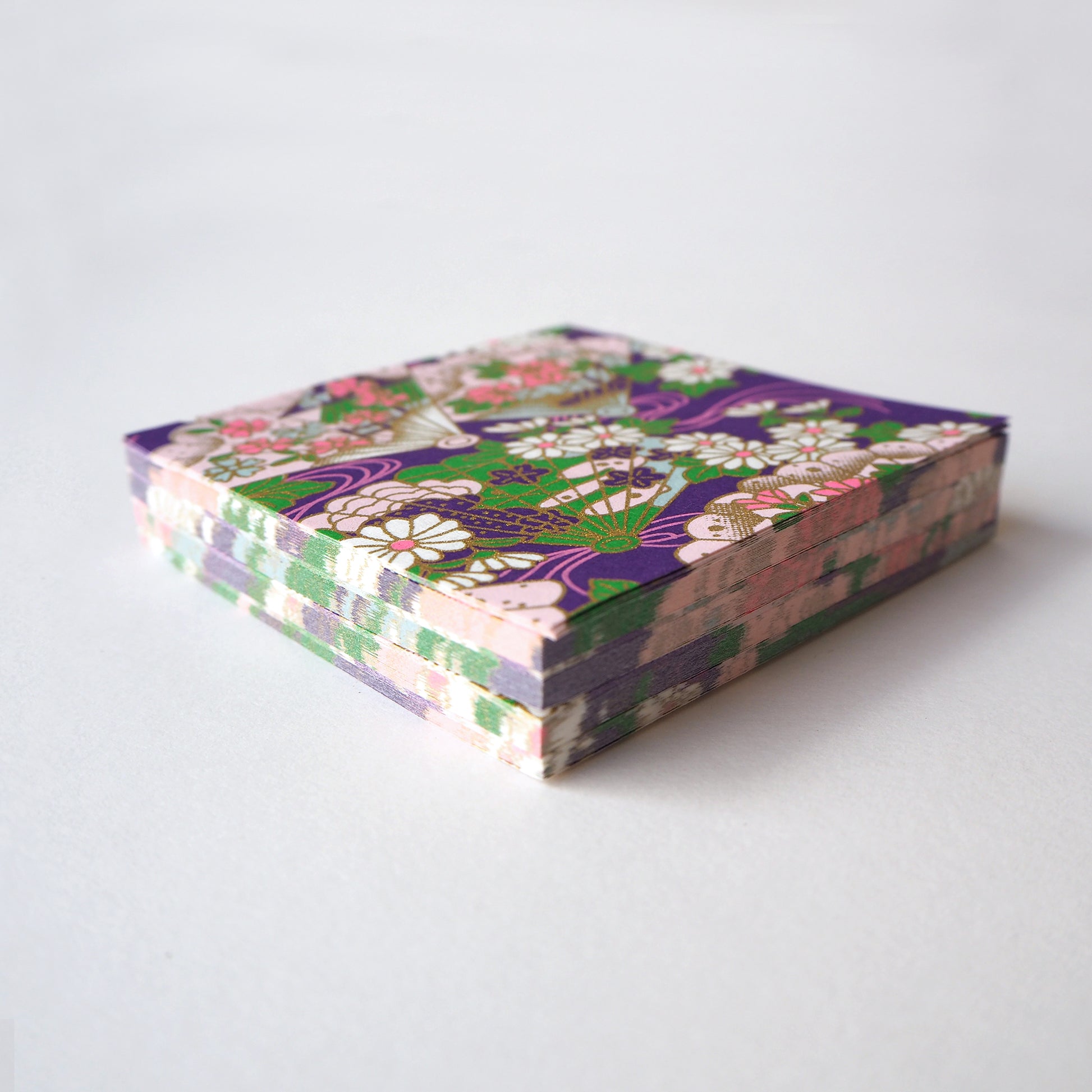 Pack of 100 Sheets 7x7cm Yuzen Washi Origami Paper HZ-094 - Floral Fans & Chrysanthemum Purple - washi paper - Lavender Home London