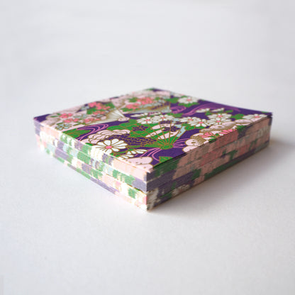 Pack of 100 Sheets 7x7cm Yuzen Washi Origami Paper HZ-094 - Floral Fans & Chrysanthemum Purple - washi paper - Lavender Home London