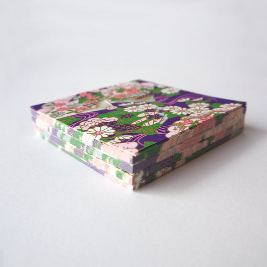 Pack of 100 Sheets 7x7cm Yuzen Washi Origami Paper HZ-094 - Floral Fans & Chrysanthemum Purple - washi paper - Lavender Home London