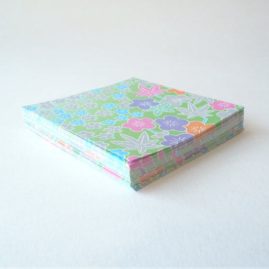 Pack of 100 Sheets 7x7cm Yuzen Washi Origami Paper HZ-096 - Plum Flowers & Maple Leaves Green - washi paper - Lavender Home London