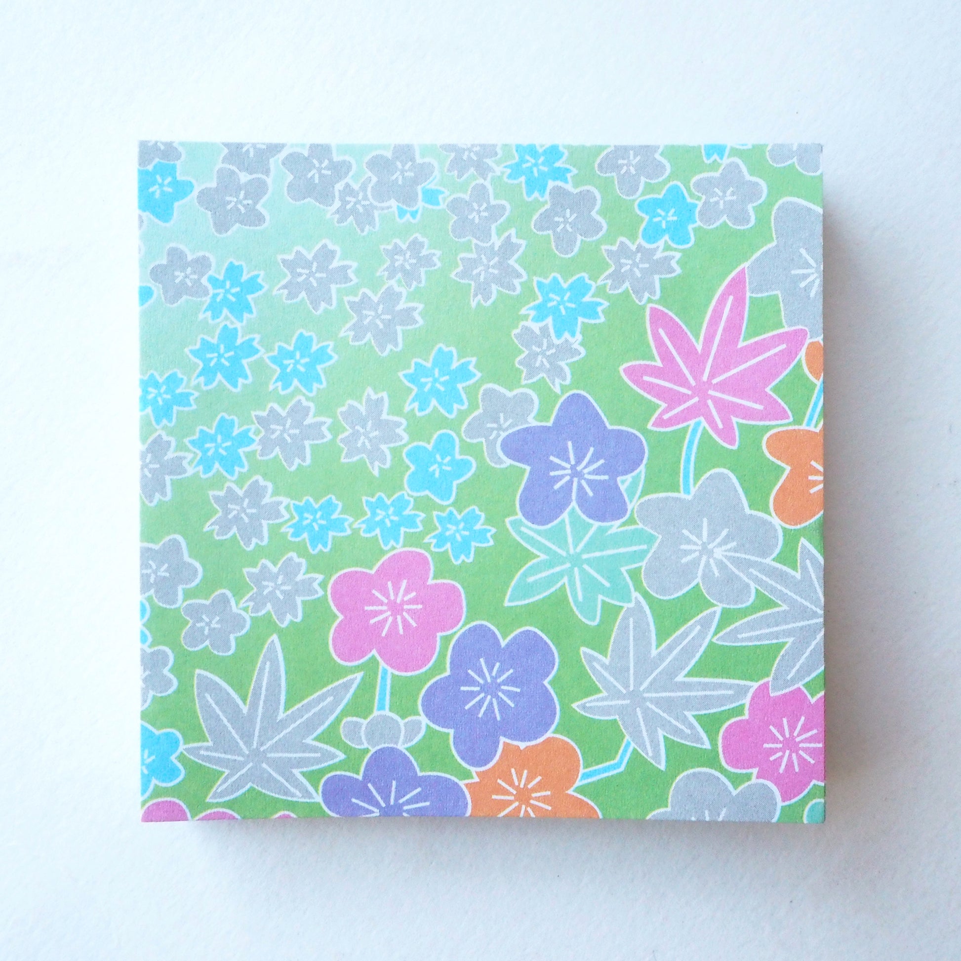 Pack of 100 Sheets 7x7cm Yuzen Washi Origami Paper HZ-096 - Plum Flowers & Maple Leaves Green - washi paper - Lavender Home London