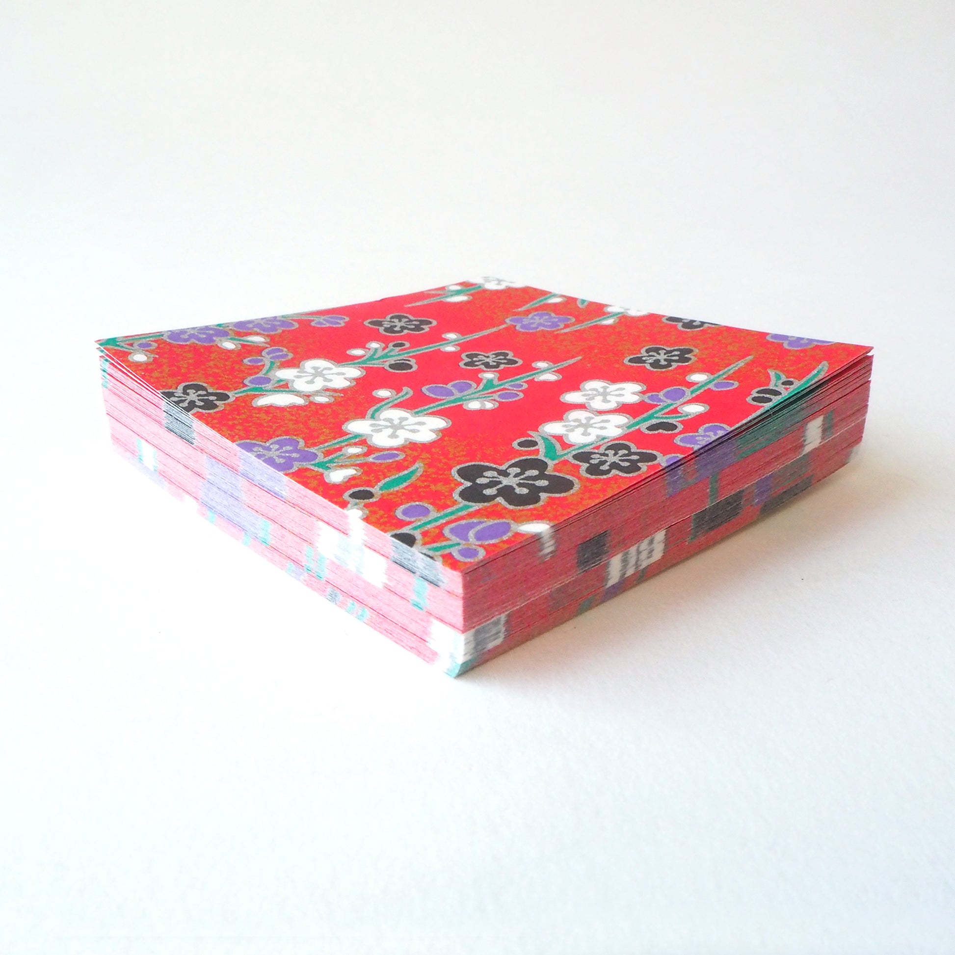 Pack of 100 Sheets 7x7cm Yuzen Washi Origami Paper HZ-097 - Silver Plum Branches Red - washi paper - Lavender Home London