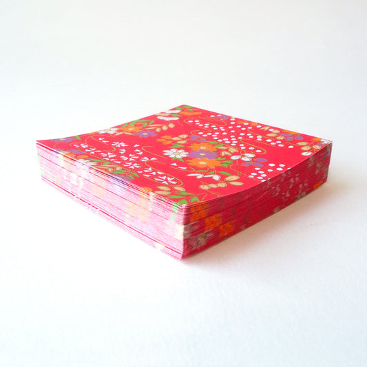 Pack of 100 Sheets 7x7cm Yuzen Washi Origami Paper  HZ-104 - Red Flower Field - washi paper - Lavender Home London