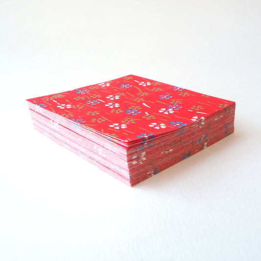 Pack of 100 Sheets 7x7cm Yuzen Washi Origami Paper HZ-116 - Small Cherry Blossom Red - washi paper - Lavender Home London