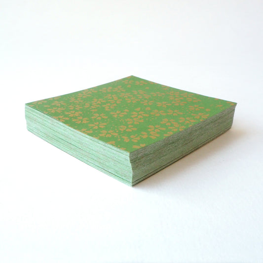 Pack of 100 Sheets 7x7cm Yuzen Washi Origami Paper HZ-166 - Small Gold Cherry Blossom Matcha - washi paper - Lavender Home London