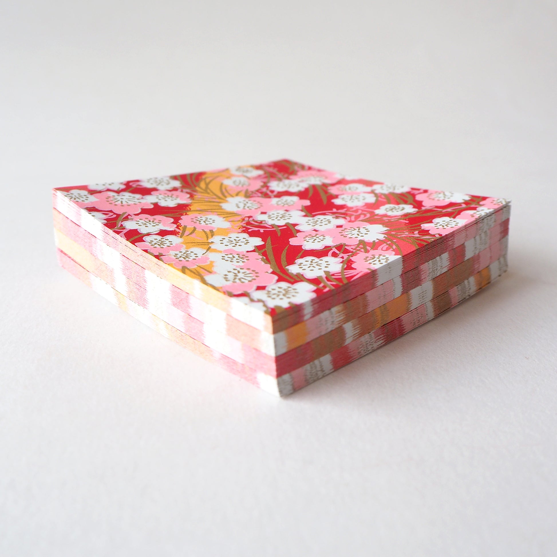 Pack of 100 Sheets 7x7cm Yuzen Washi Origami Paper HZ-186 - Cherry Blossom Red & Orange Stripes - washi paper - Lavender Home London