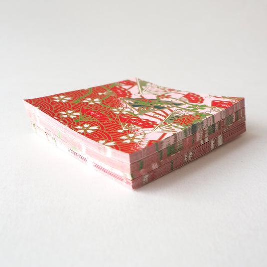 Pack of 100 Sheets 7x7cm Yuzen Washi Origami Paper HZ-202 - Cherry Blossom & Floral Fans Red - washi paper - Lavender Home London