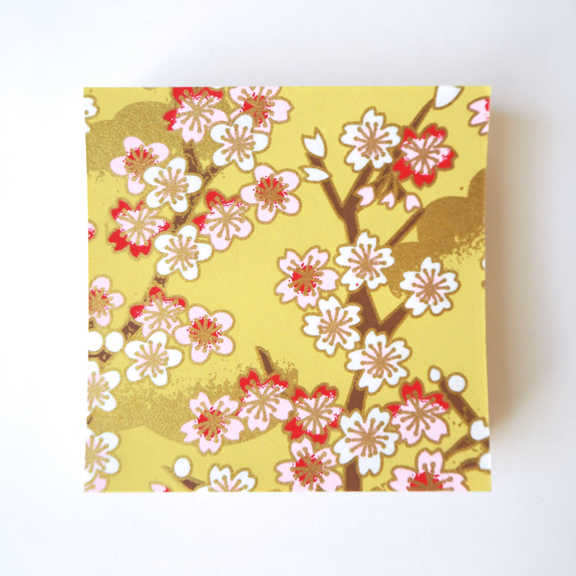 Pack of 100 Sheets 7x7cm Yuzen Washi Origami Paper HZ-208 - Cherry Blossom Branches Yellow - washi paper - Lavender Home London
