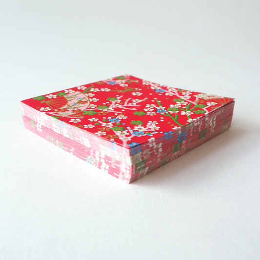 Pack of 100 Sheets 7x7cm Yuzen Washi Origami Paper HZ-263 - Small Plum Flowers & Fans Red - washi paper - Lavender Home London