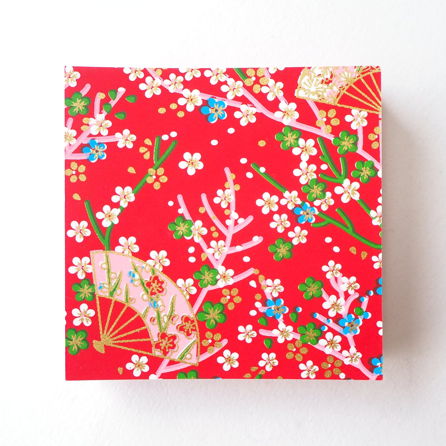 Pack of 100 Sheets 7x7cm Yuzen Washi Origami Paper HZ-263 - Small Plum Flowers & Fans Red - washi paper - Lavender Home London