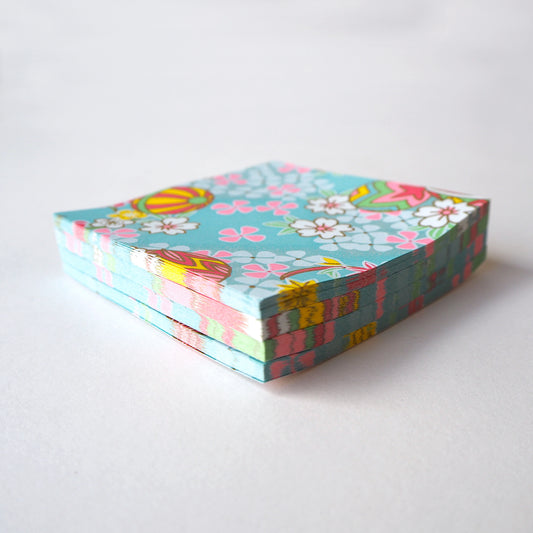 Pack of 100 Sheets 7x7cm Yuzen Washi Origami Paper HZ-283 - Temari Thread Balls & Cherry Blossom Aqua Blue - washi paper - Lavender Home London