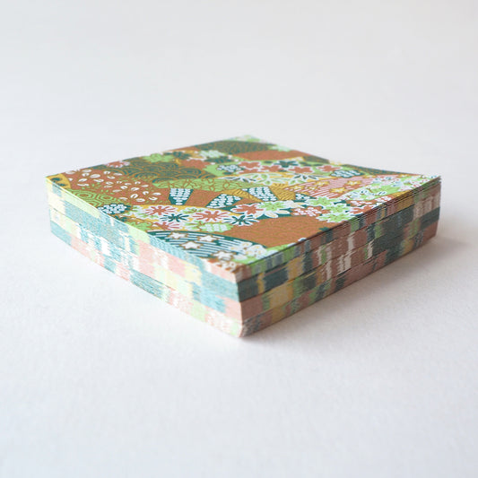 Pack of 100 Sheets 7x7cm Yuzen Washi Origami Paper HZ-348 - Fans Waves Green - washi paper - Lavender Home London