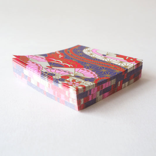 Pack of 100 Sheets 7x7cm Yuzen Washi Origami Paper HZ-365 - Floral Fans & Hemp Leaf Purple - washi paper - Lavender Home London