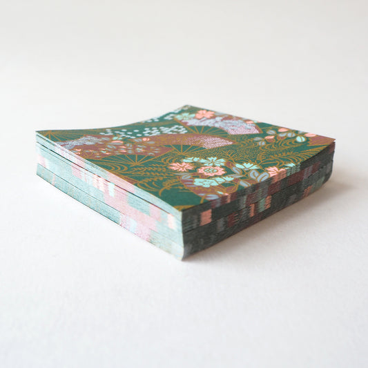 Pack of 100 Sheets 7x7cm Yuzen Washi Origami Paper HZ-369 - Floral Fans Dark Green - washi paper - Lavender Home London